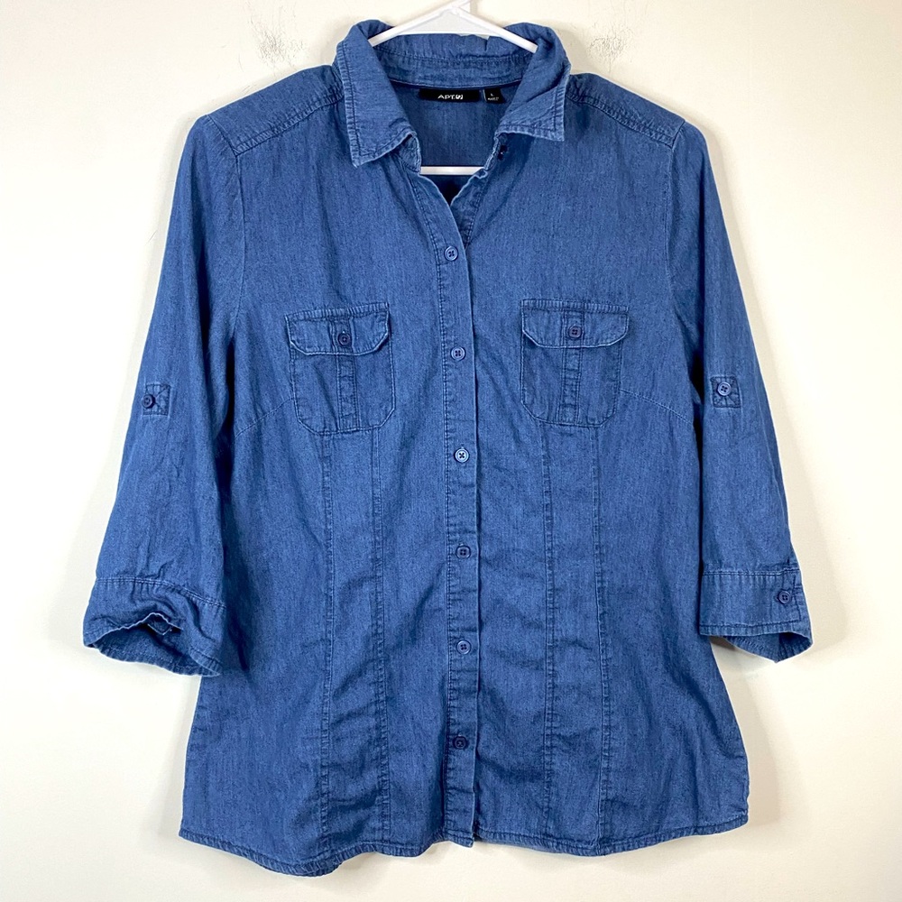 APT. 9 Medium Wash Blue Chambray Denim Jean 3/4 Sleeve Button Down Shirt